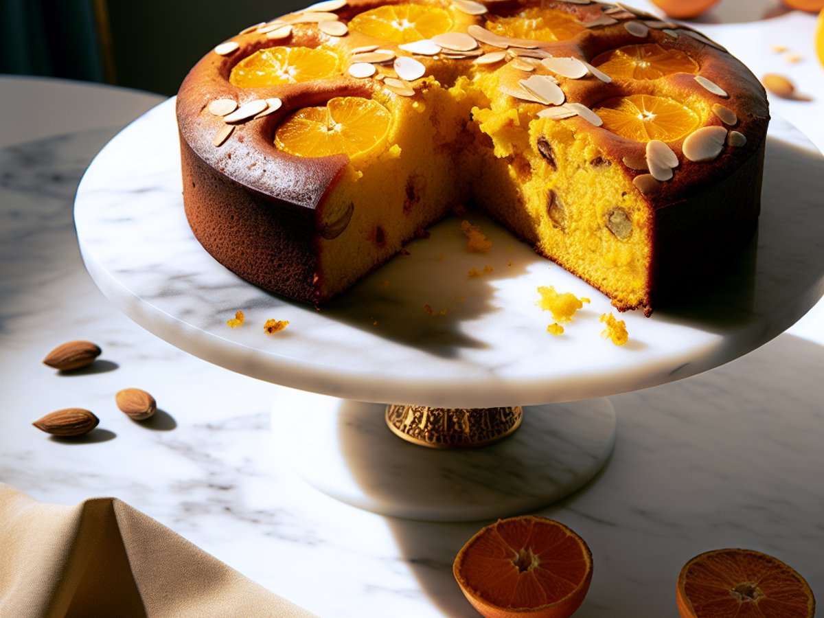 Marokkanischer Orangenkuchen - Ganzer Kuchen auf eleganter Kuchenplatte