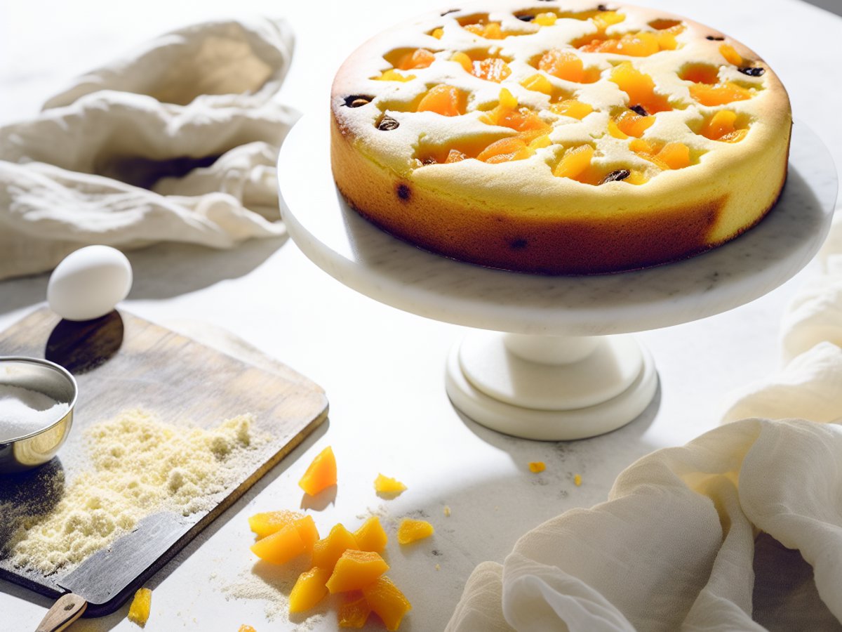 Indischer Mango-Lassi-Kuchen - Ganzer Kuchen auf eleganter Kuchenplatte