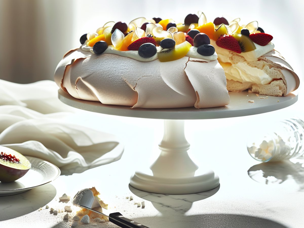Neuseeländischer Pavlova - Ganzer Kuchen auf eleganter Kuchenplatte