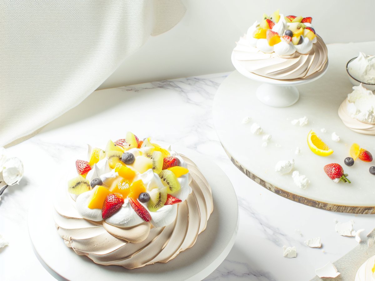 Australische Pavlova - Ganzer Kuchen auf eleganter Kuchenplatte