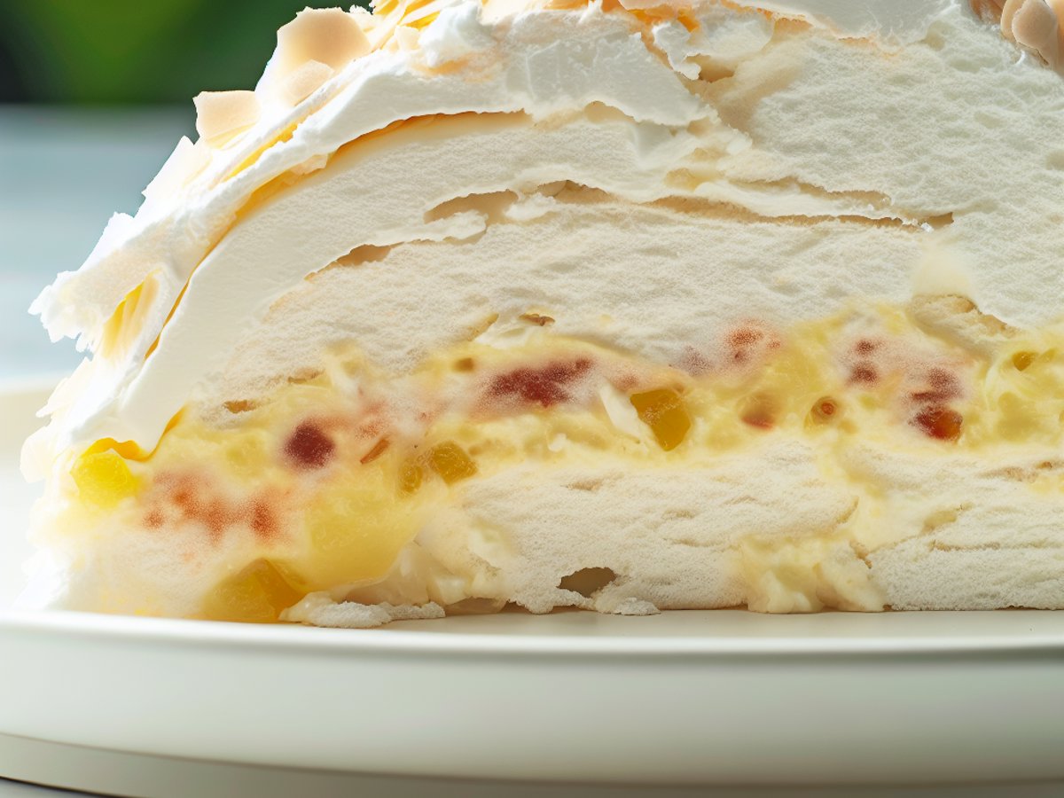 Australische Pavlova - Nahaufnahme eines Stücks mit sichtbarer Textur