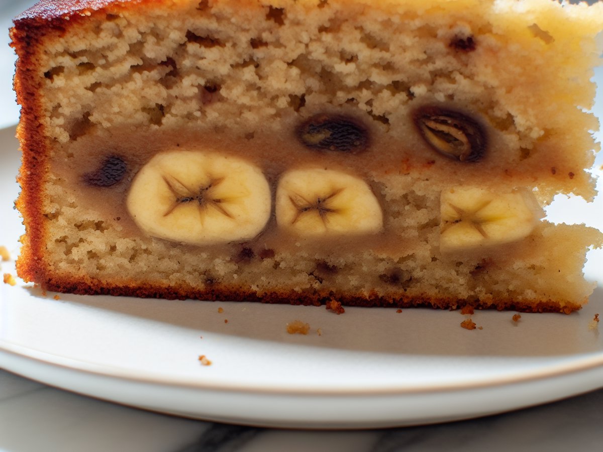 Veganer Bananenkuchen - Nahaufnahme eines Stücks mit sichtbarer Textur