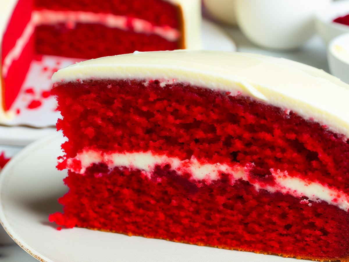 Red Velvet Kuchen - Nahaufnahme eines Stücks mit sichtbarer Textur