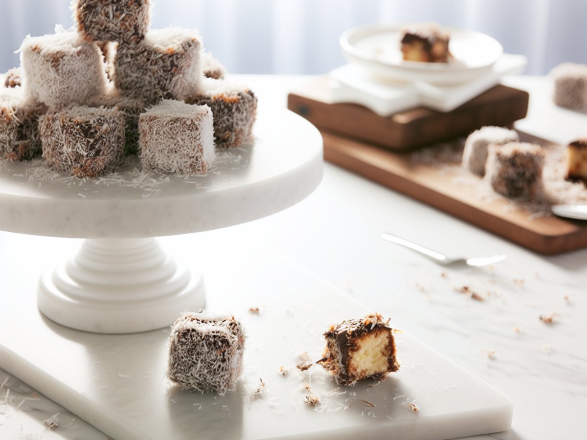 Australische Lamingtons - Ganzer Kuchen auf eleganter Kuchenplatte