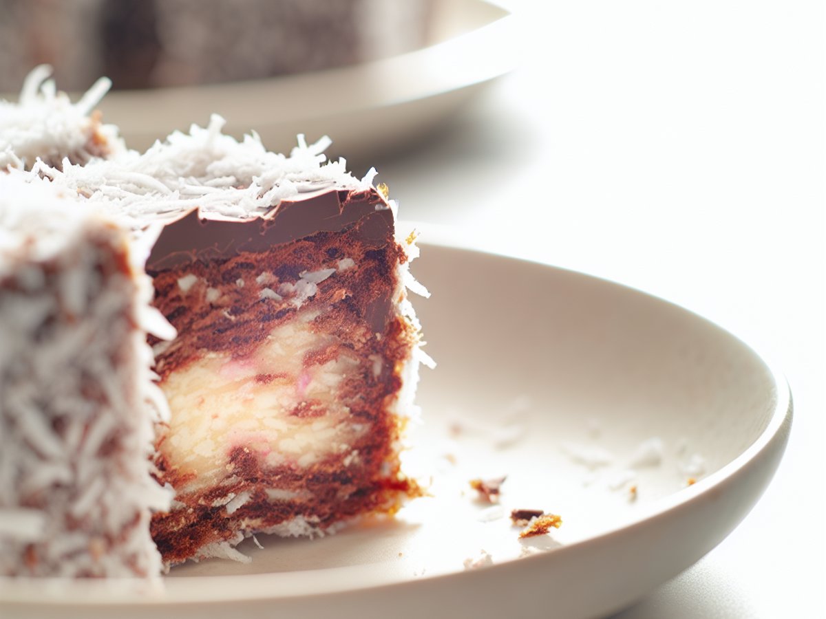 Australische Lamingtons - Nahaufnahme eines Stücks mit sichtbarer Textur