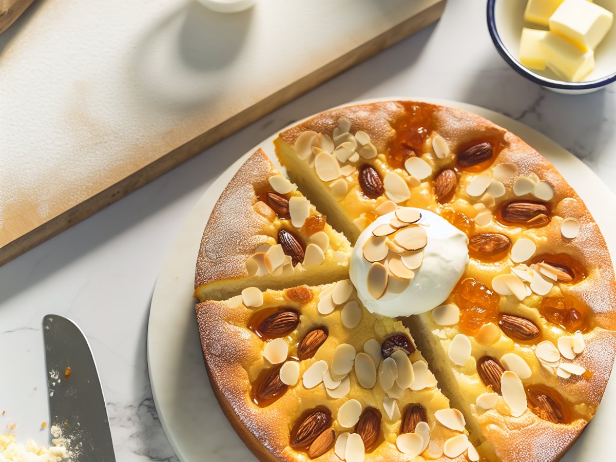 Deutscher Bienenstich - Ganzer Kuchen auf eleganter Kuchenplatte