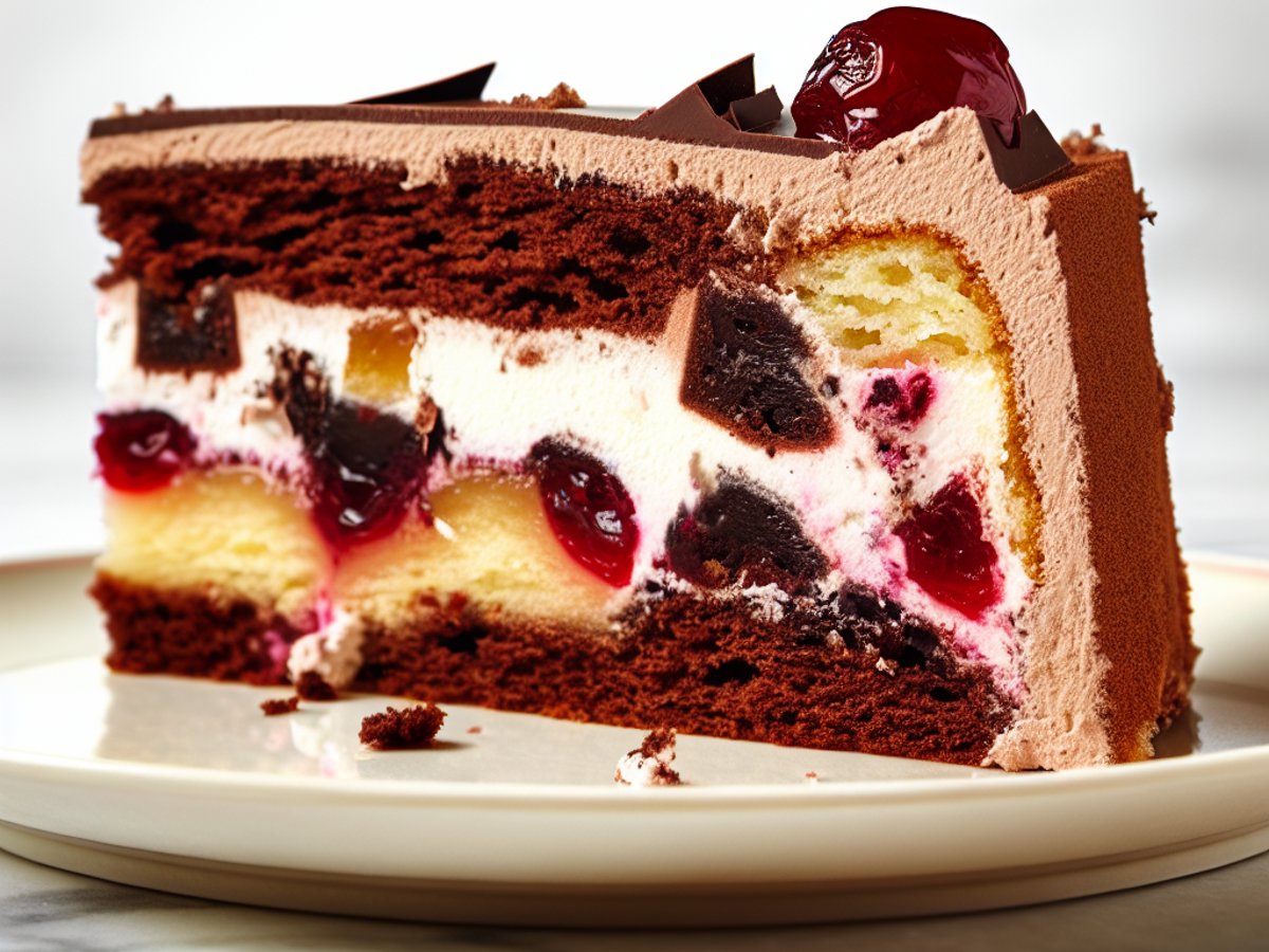 Schwarzwälder Kirschtorte - Nahaufnahme eines Stücks mit sichtbarer Textur