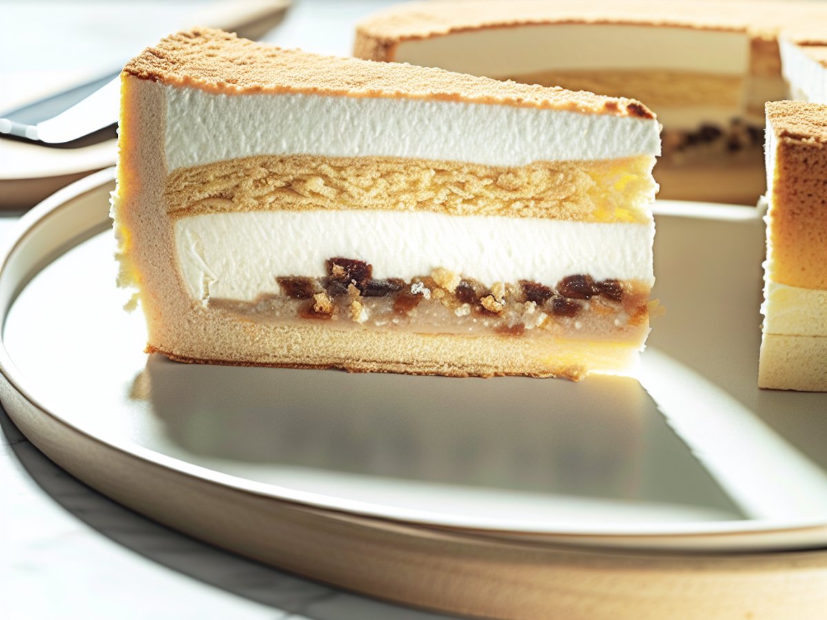 Italienische Panna Cotta Torte - Nahaufnahme eines Stücks mit sichtbarer Textur