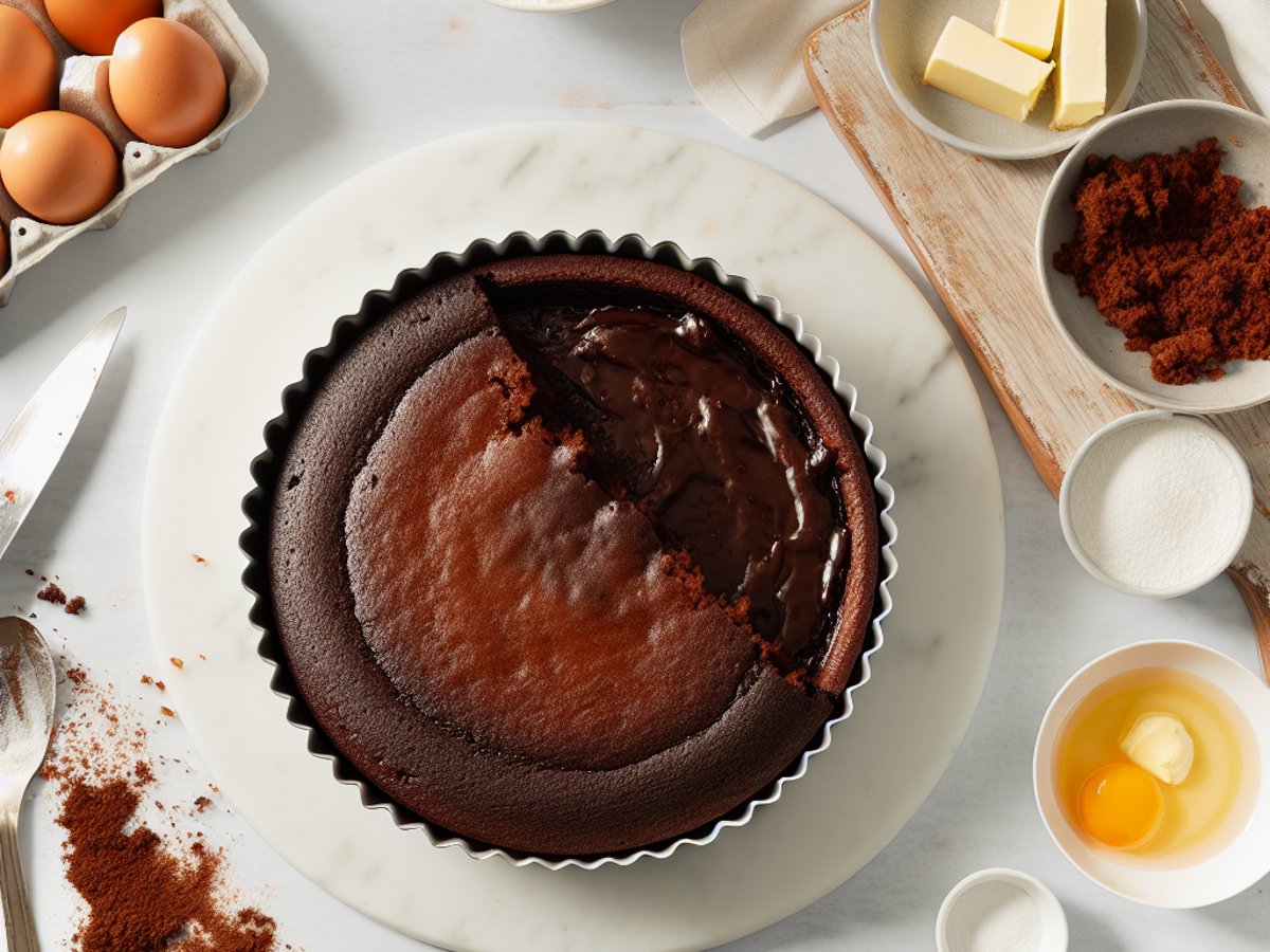 Schwedischer Kladdkaka - Ganzer Kuchen auf eleganter Kuchenplatte