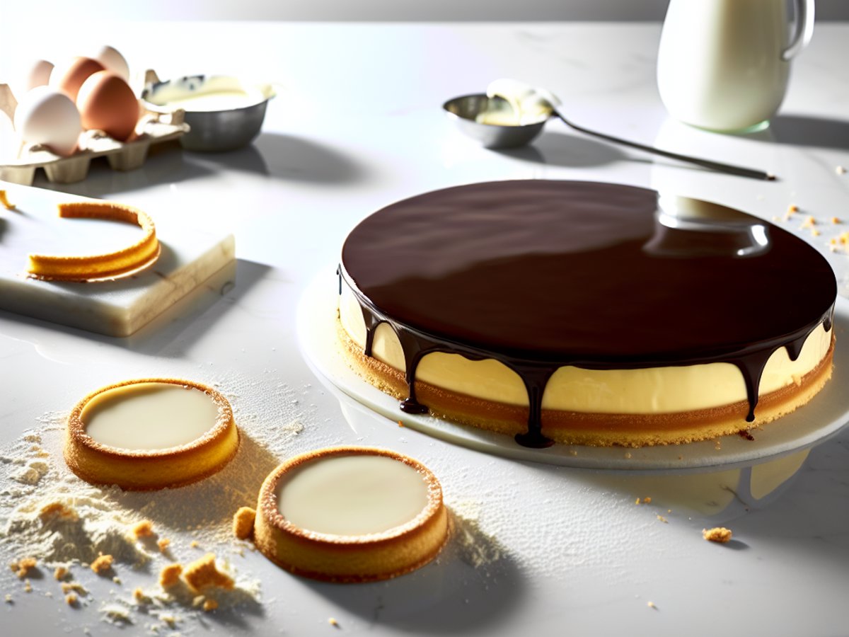Boston Cream Pie - Ganzer Kuchen auf eleganter Kuchenplatte