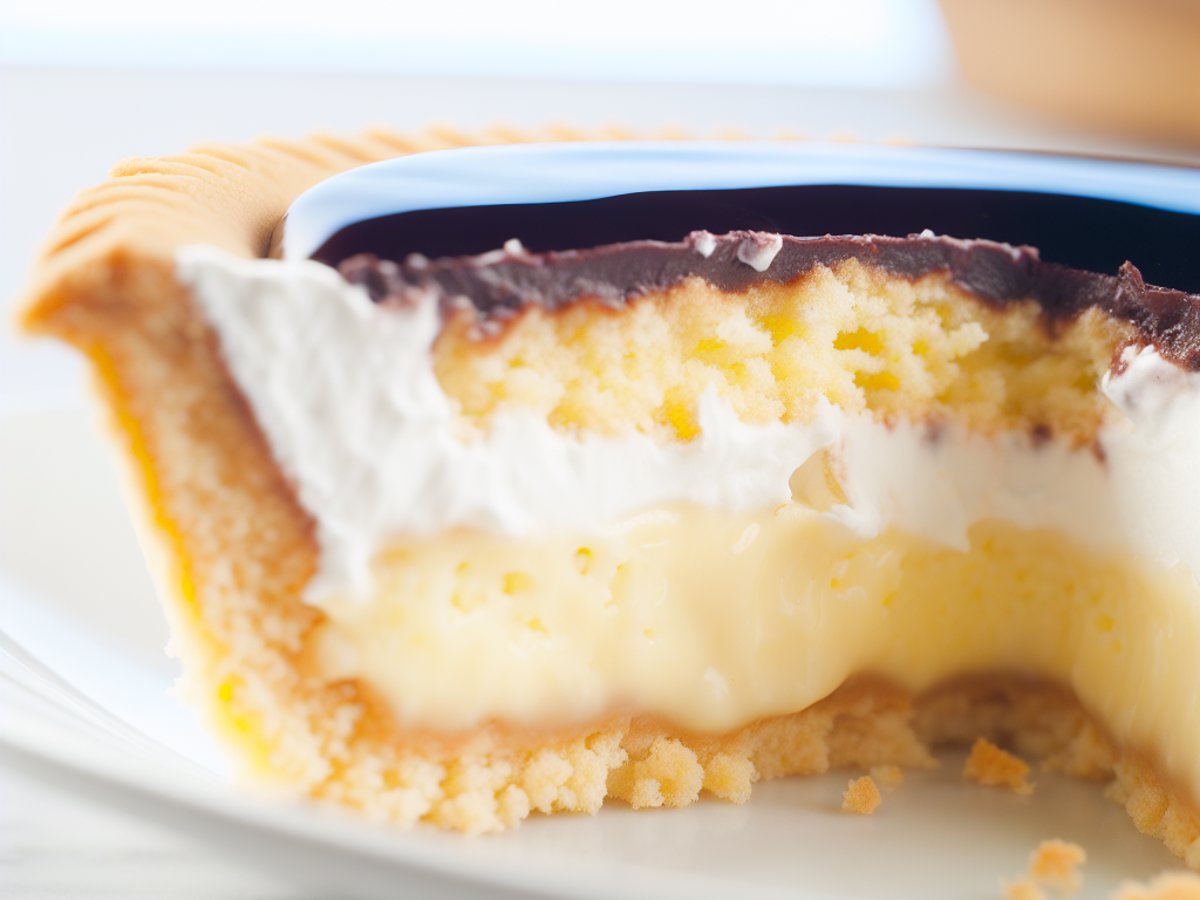 Boston Cream Pie - Nahaufnahme eines Stücks mit sichtbarer Textur