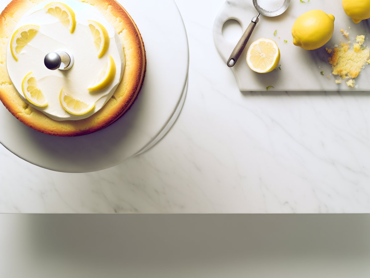Zitronen-Mascarpone-Torte - Ganzer Kuchen auf eleganter Kuchenplatte