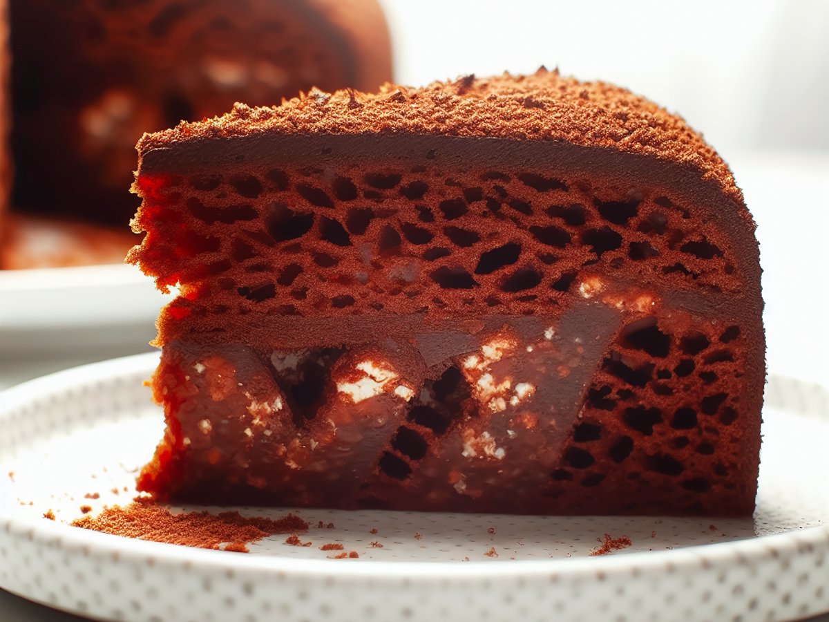 Brasilianischer Brigadeiro Kuchen - Nahaufnahme eines Stücks mit sichtbarer Textur
