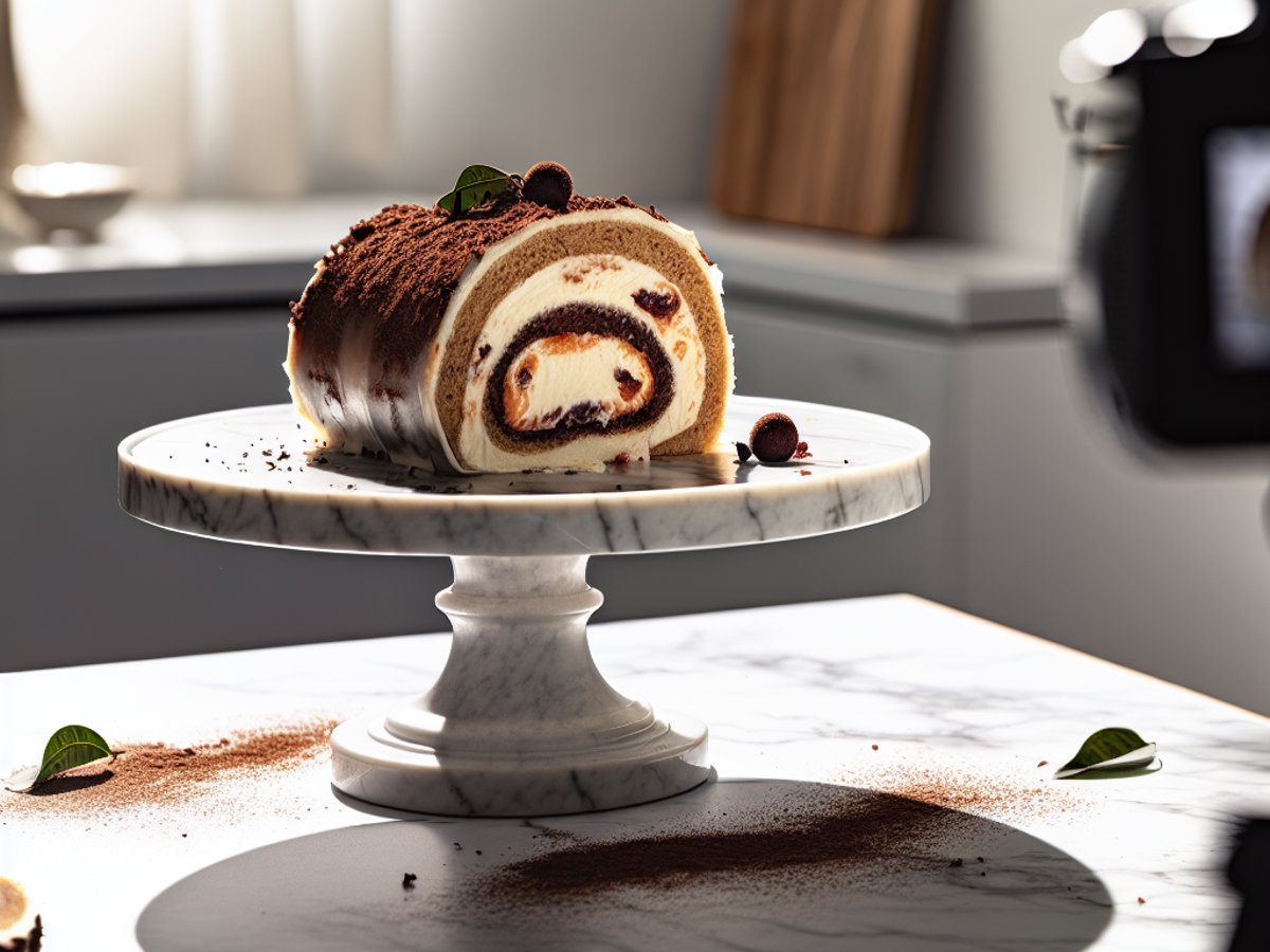 Schwarzwälder Kirsch-Rolle - Ganzer Kuchen auf eleganter Kuchenplatte