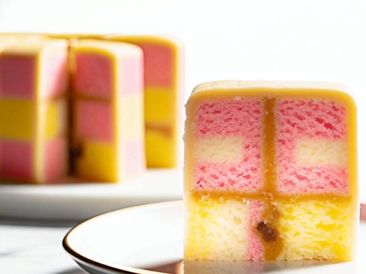 Englischer Battenberg Kuchen - Nahaufnahme eines Stücks mit sichtbarer Textur