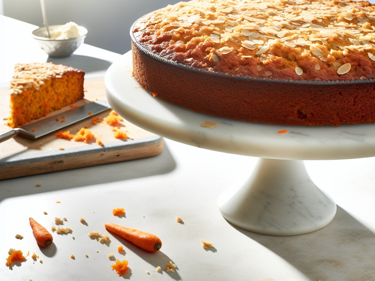 Schweizer Rüeblitorte - Ganzer Kuchen auf eleganter Kuchenplatte