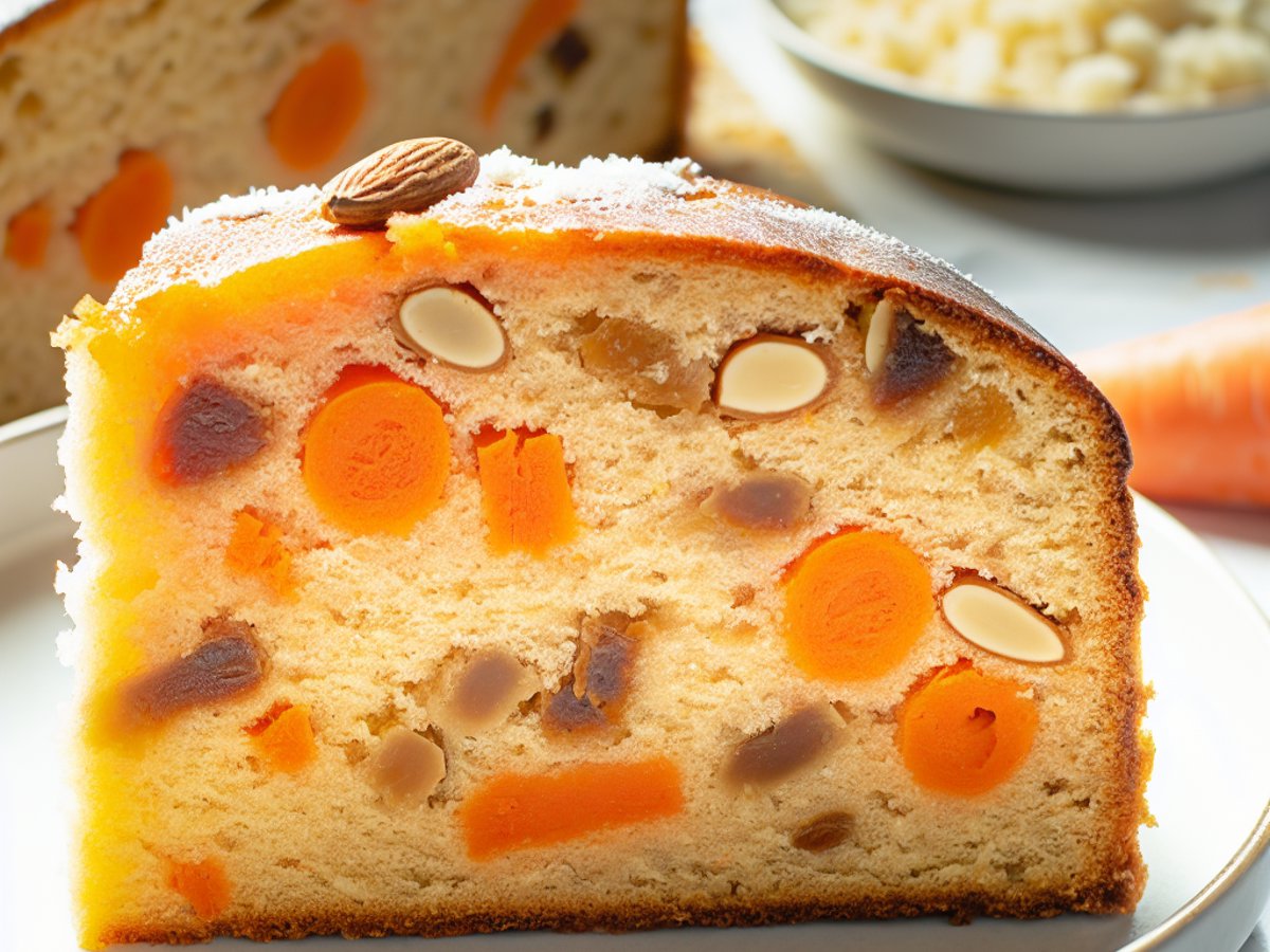 Schweizer Rüeblitorte - Nahaufnahme eines Stücks mit sichtbarer Textur