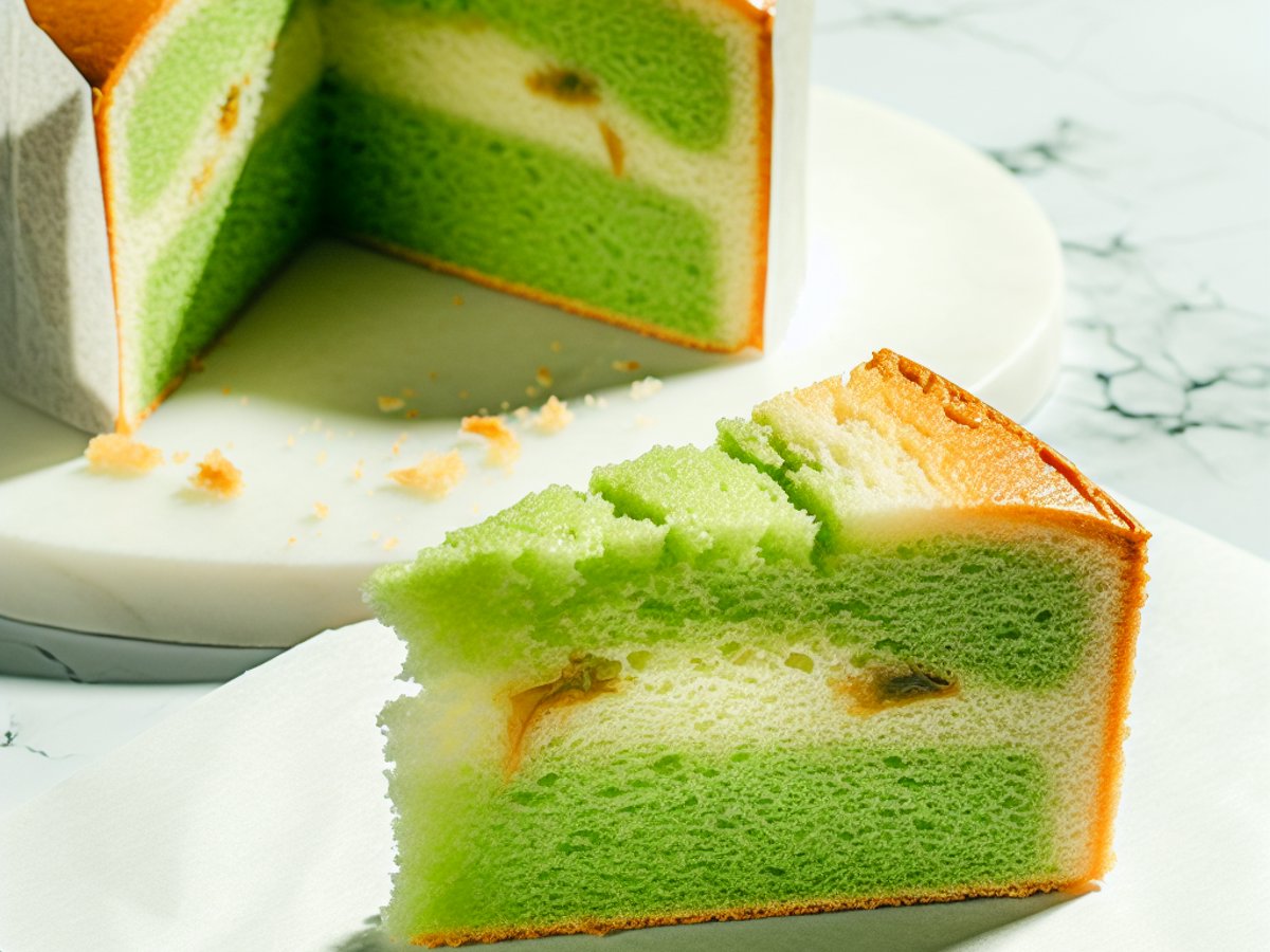 Singapur Pandan Chiffon - Nahaufnahme eines Stücks mit sichtbarer Textur