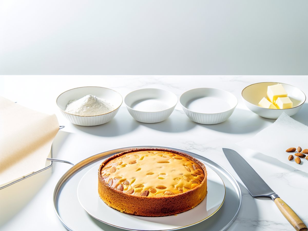 Klassischer Bienenstich - Ganzer Kuchen auf eleganter Kuchenplatte