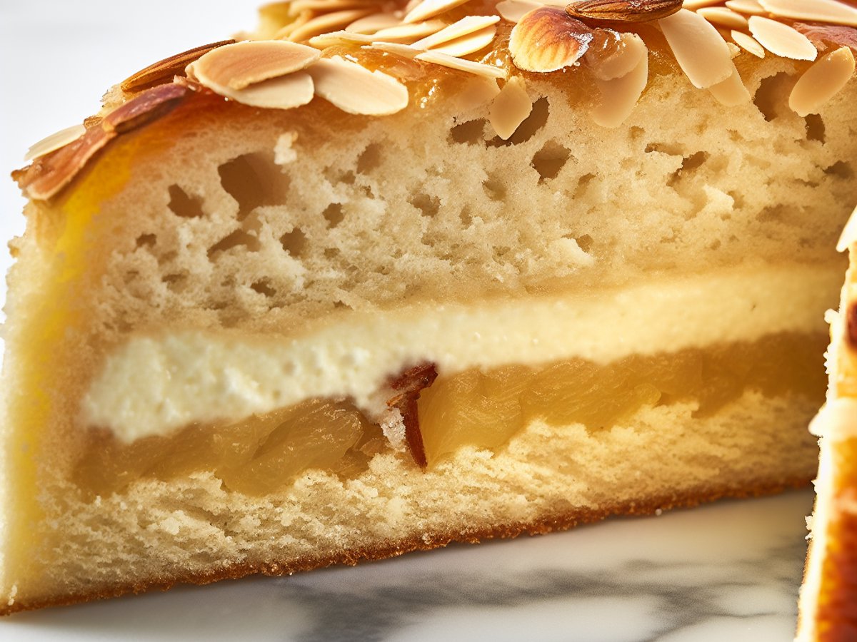 Klassischer Bienenstich - Nahaufnahme eines Stücks mit sichtbarer Textur