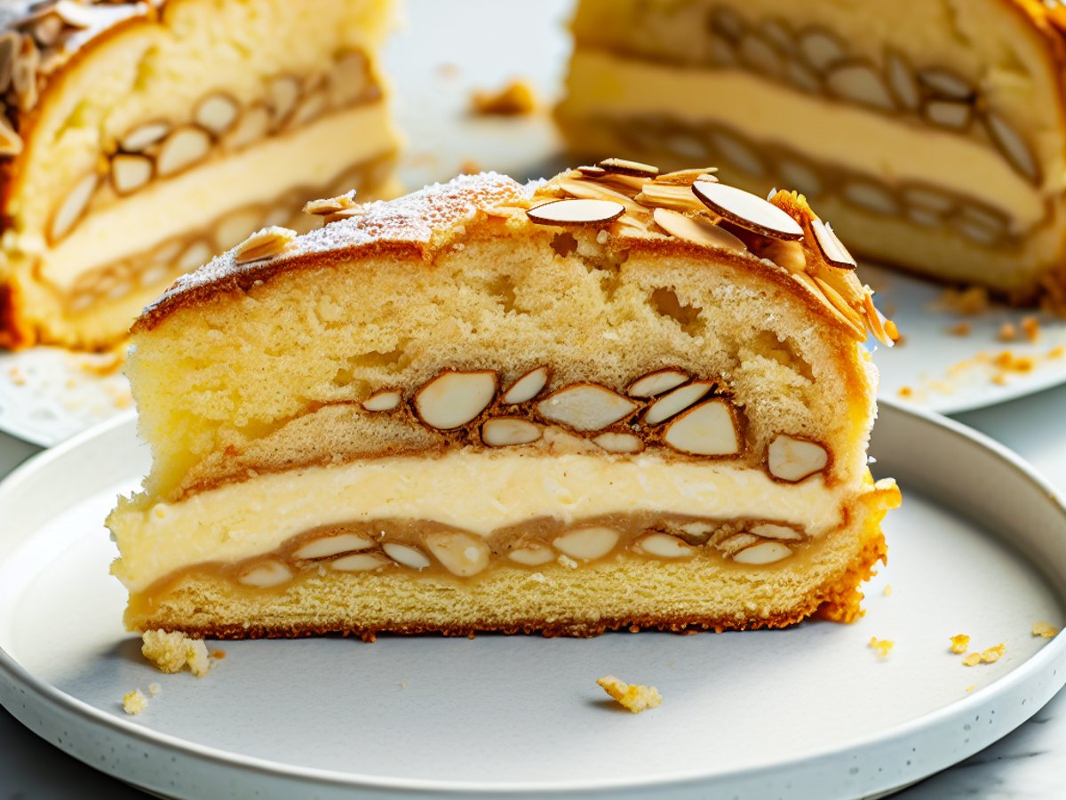 Klassischer Bienenstich - Nahaufnahme eines Stücks mit sichtbarer Textur