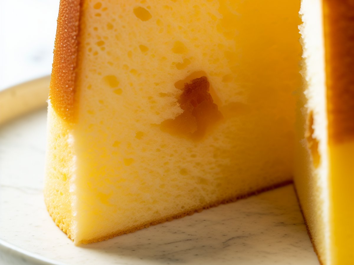 Japanischer Kasutera - Nahaufnahme eines Stücks mit sichtbarer Textur