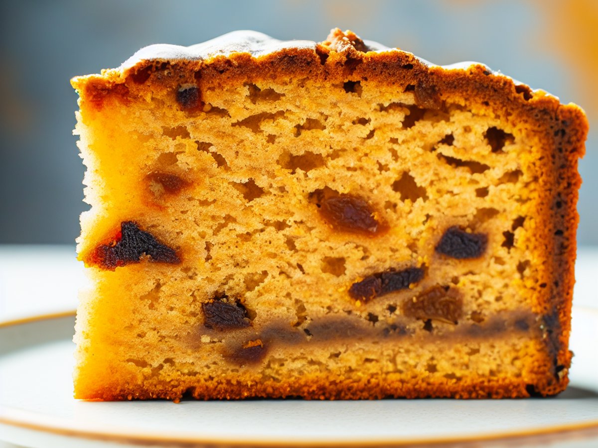 Indischer Chai Masala Kuchen - Nahaufnahme eines Stücks mit sichtbarer Textur