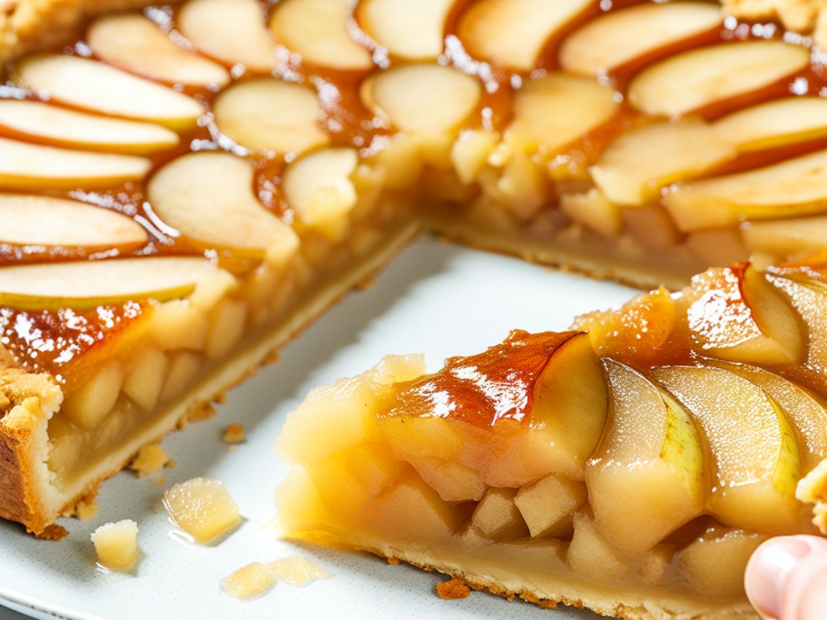 Französische Tarte Tatin - Nahaufnahme eines Stücks mit sichtbarer Textur