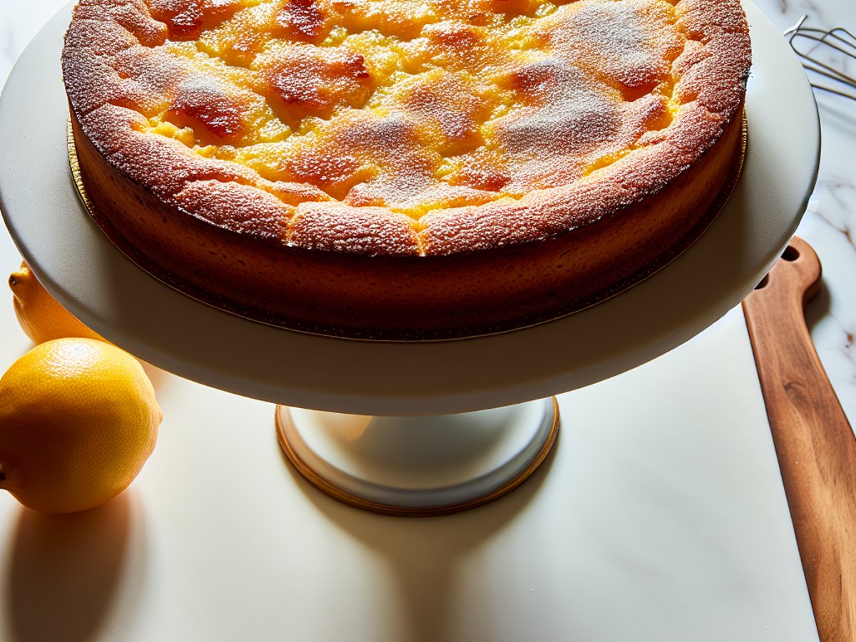 Italienischer Ricotta-Kuchen - Ganzer Kuchen auf eleganter Kuchenplatte