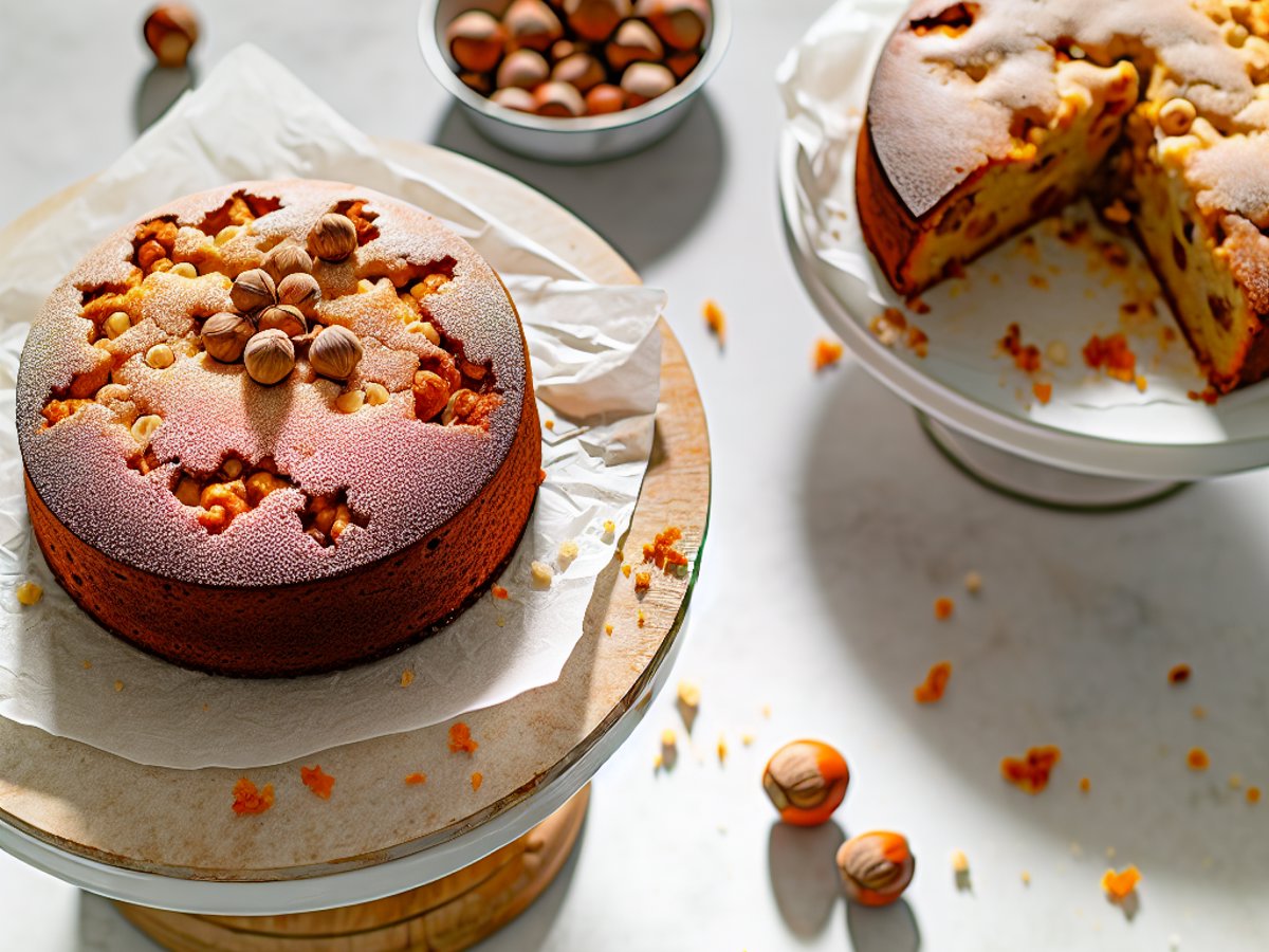 Winterlicher Haselnuss-Orangentaler mit Lebkuchengewürz - Ganzer Kuchen auf eleganter Kuchenplatte