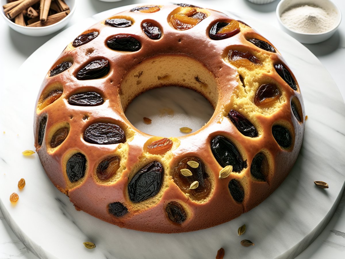 Winterlicher Pflaumen-Kardamom-Gugelhupf mit Honigglasur - Ganzer Kuchen auf eleganter Kuchenplatte