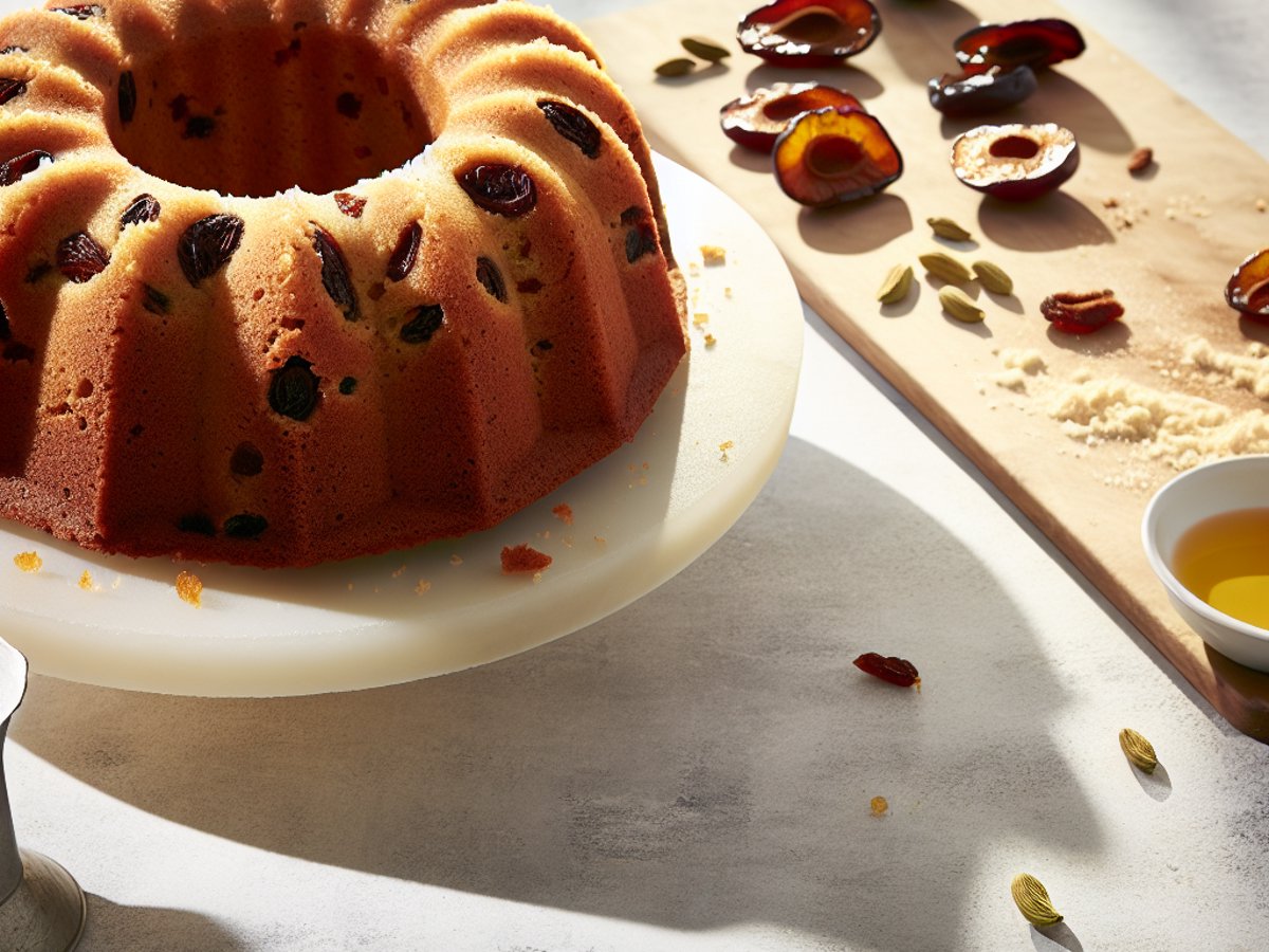 Winterlicher Pflaumen-Kardamom-Gugelhupf mit Honigglasur - Ganzer Kuchen auf eleganter Kuchenplatte