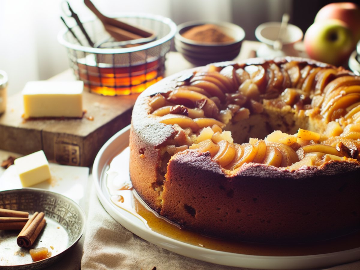 Winterlicher Bratapfel-Marzipan-Kuchen mit Calvados - Alternative Ansicht in gemütlichem Setting