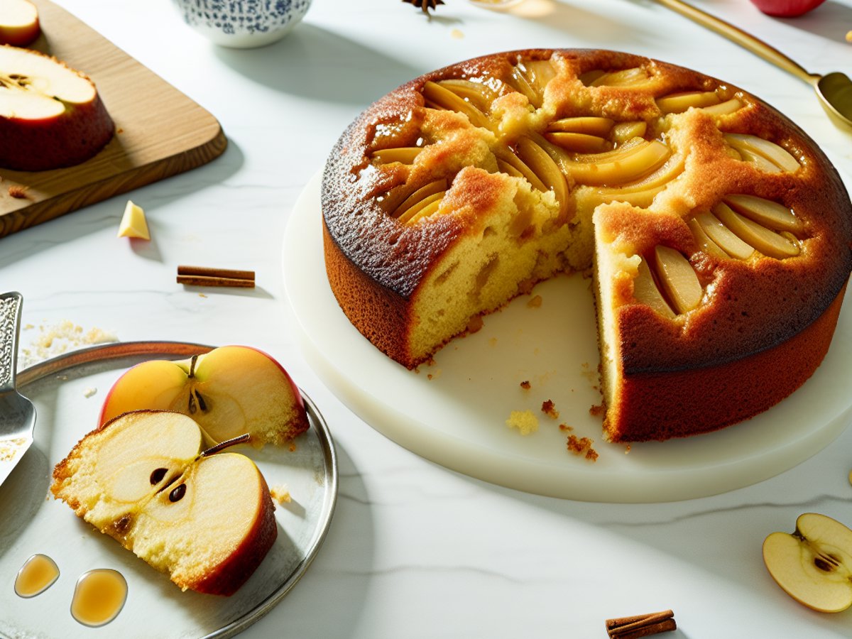 Winterlicher Bratapfel-Marzipan-Kuchen mit Calvados - Ganzer Kuchen auf eleganter Kuchenplatte