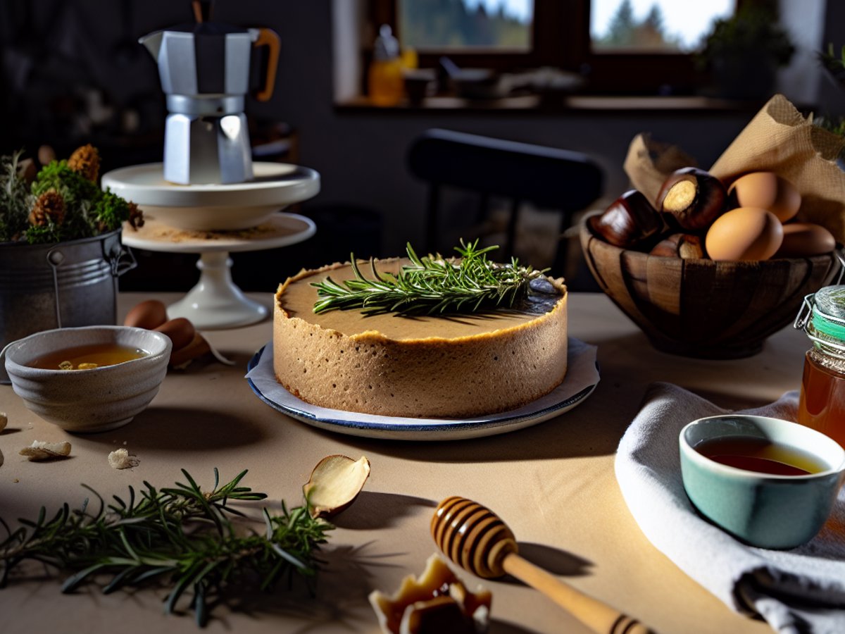 Chestnut-Honig-Kuchen von oben fotografiert auf weissem Kuchenteller mit Rosmarinzweigen dekoriert
