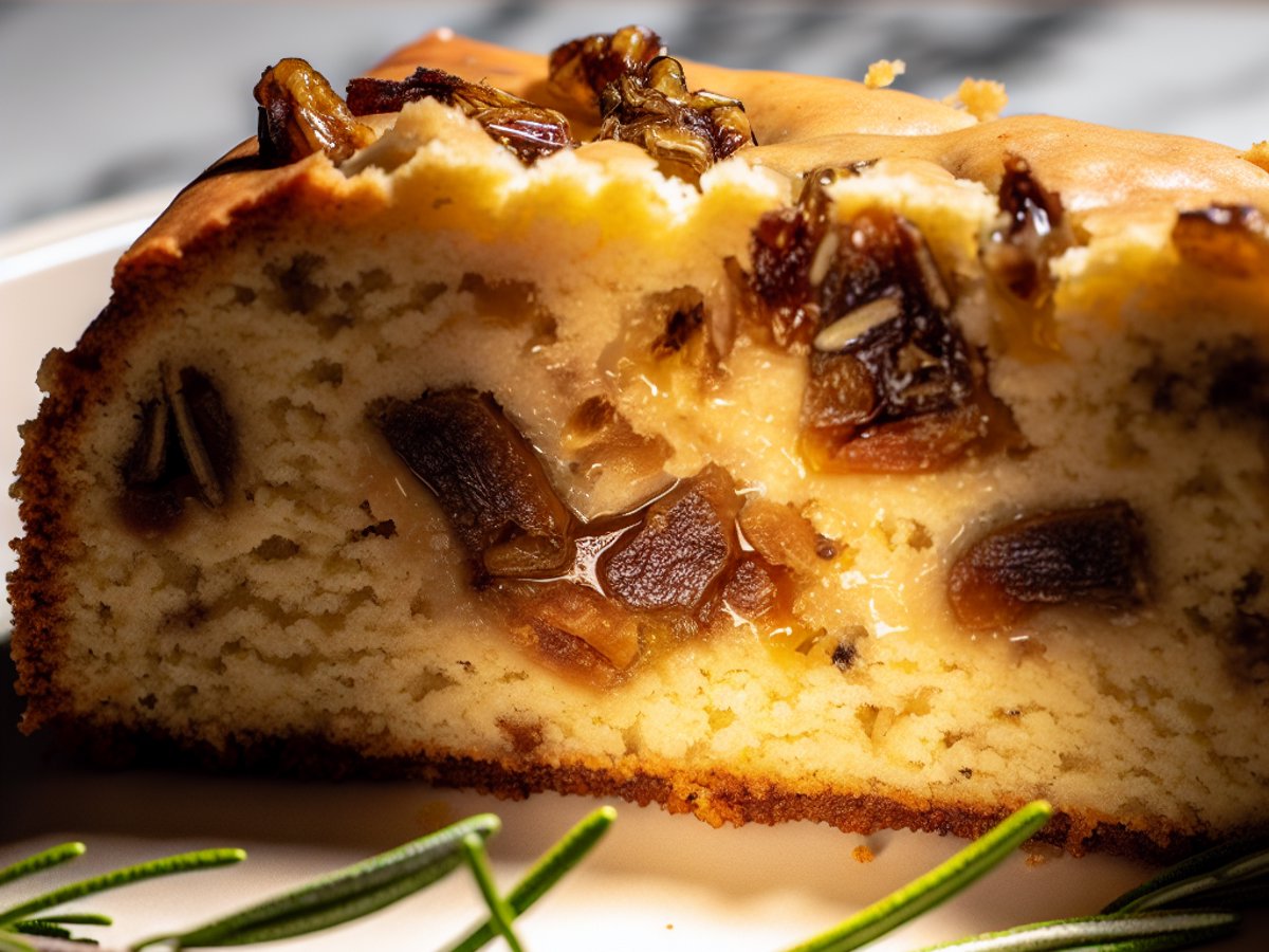 Angeschnittener Chestnut-Honig-Kuchen mit sichtbarer samtiger Kastanientextur und Rosmarinstückchen