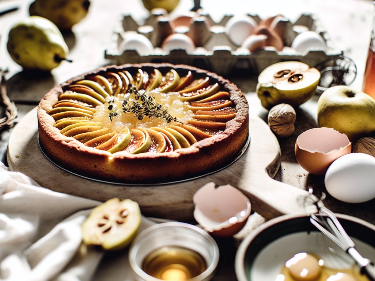 Winterlicher Quitten-Kardamom-Kuchen mit Honig-Thymian-Glasur - Alternative Ansicht in gemütlichem Setting