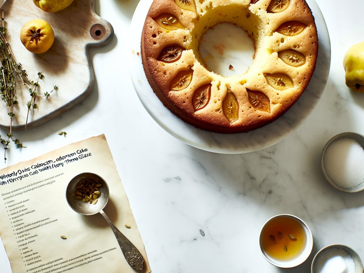 Winterlicher Quitten-Kardamom-Kuchen mit Honig-Thymian-Glasur - Ganzer Kuchen auf eleganter Kuchenplatte