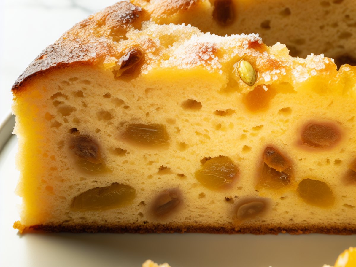 Winterlicher Quitten-Kardamom-Kuchen mit Honig-Thymian-Glasur - Nahaufnahme eines Stücks mit sichtbarer Textur