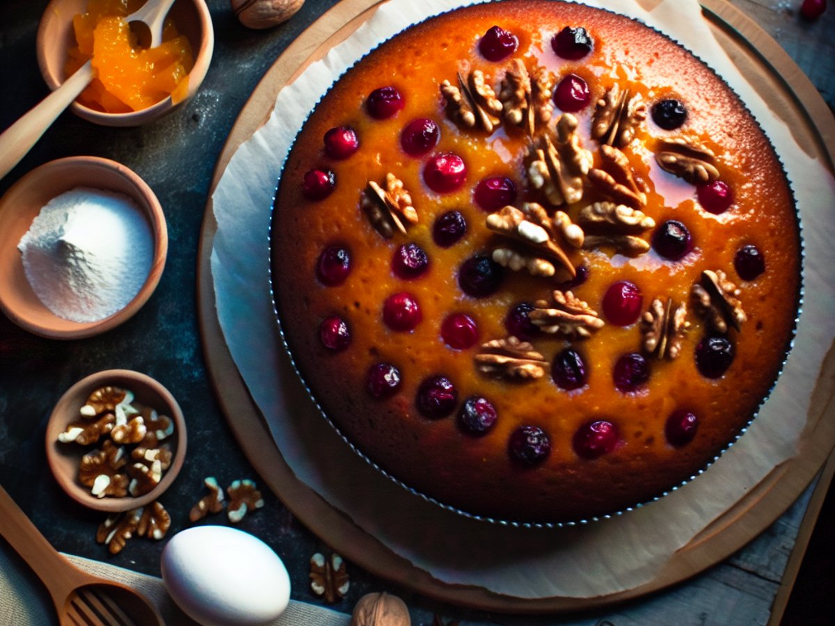 Cranberry-Baumnuss-Gugelhupf von oben fotografiert auf weissem Kuchenteller mit winterlicher Dekoration aus Tannenzweigen