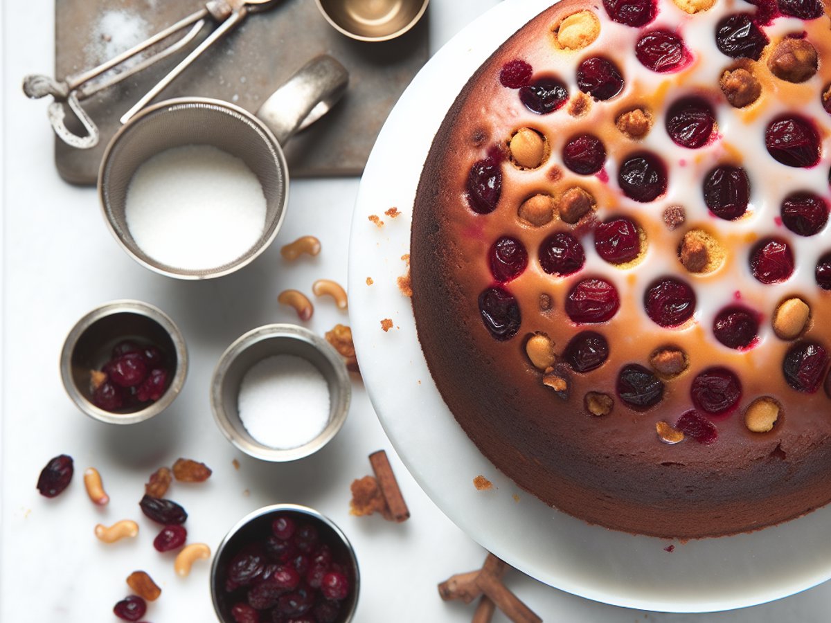 Winterlicher Cranberry-Baumnuss-Gugelhupf mit glänzender Orangenglasur auf rustikalem Holztisch, dekoriert mit Cranberries und Baumnüssen