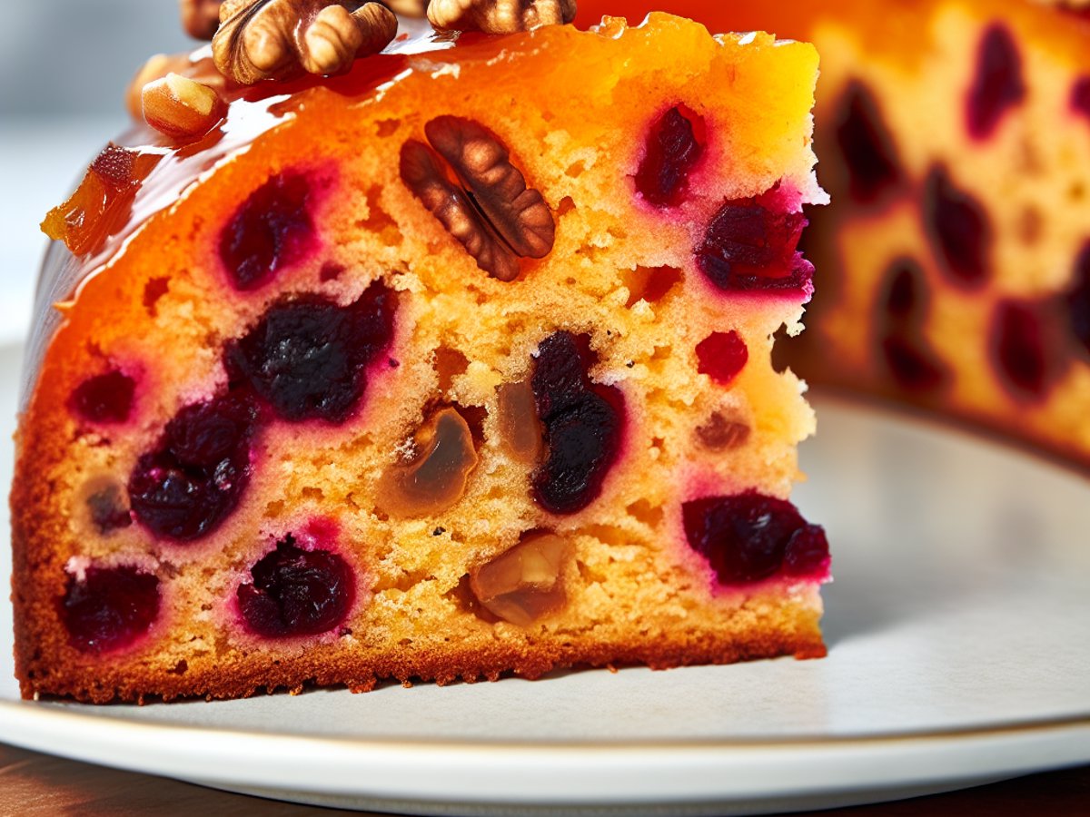 Angeschnittener Cranberry-Baumnuss-Gugelhupf mit sichtbaren roten Cranberries und gehackten Baumnüssen in der saftigen Krume