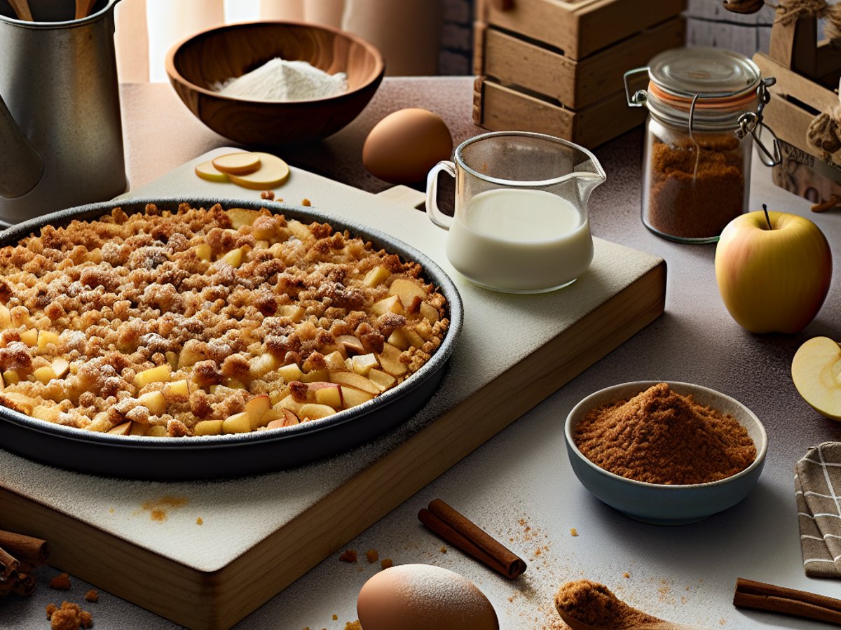 Lebkuchen-Apfel-Crumble-Kuchen von oben fotografiert mit dampfender Tasse Tee im Hintergrund