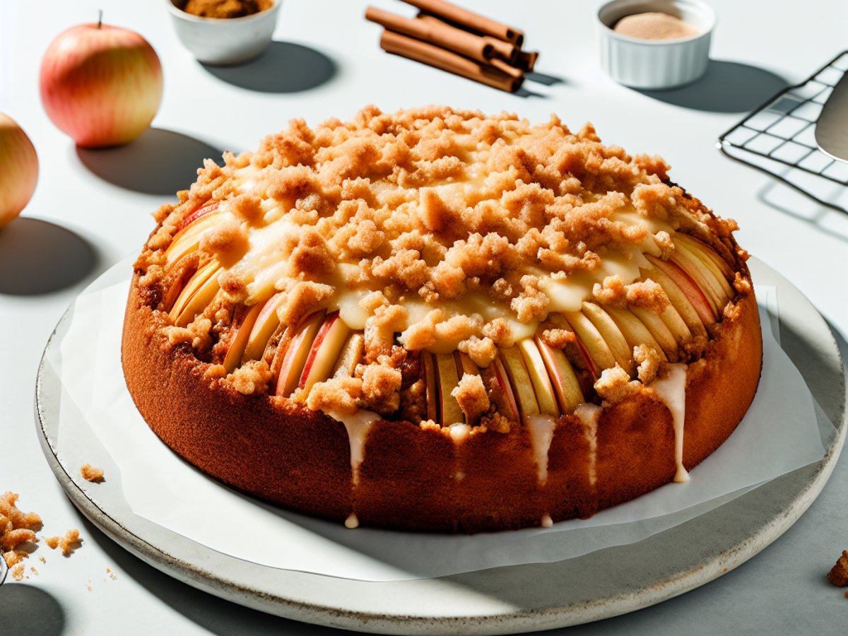 Ganzer winterlicher Lebkuchen-Apfel-Crumble-Kuchen auf rustikalem Holztisch mit goldbraunen Streuseln